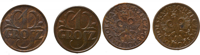 II Rzeczpospolita, Zestaw 1 grosz 1933 i 1936 Okołomennicze egzemplarze. Patyna,...