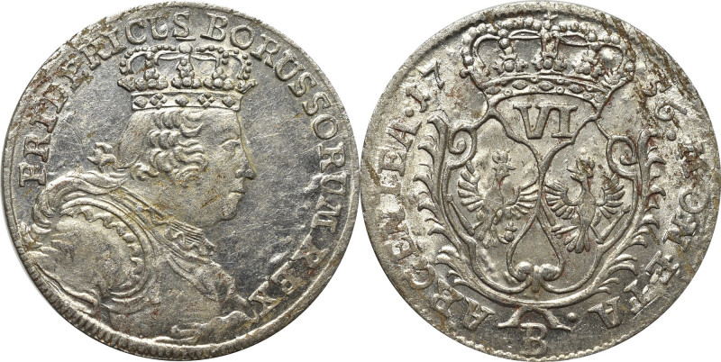 Germany, Preussen, 6 groschen 1756 B Moneta zdecydowanie w ponadprzeciętnej kond...