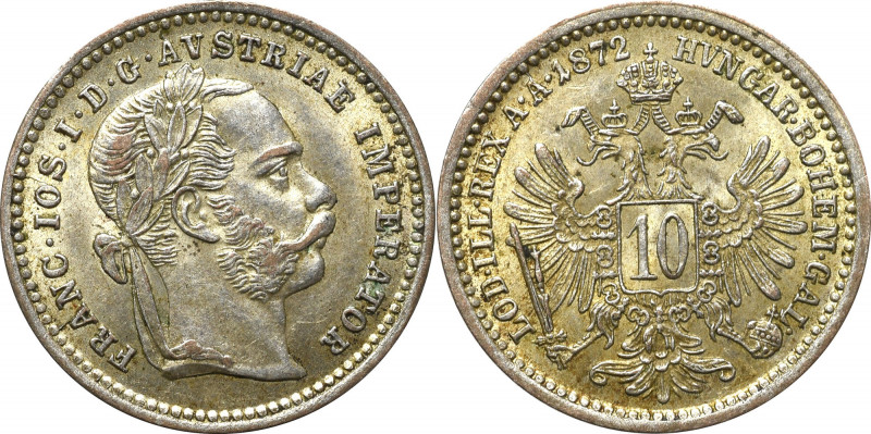 Austria, 10 Kreuzer 1872 Rewelacyjny menniczy egzemplarz z mnóstwem połysku i de...