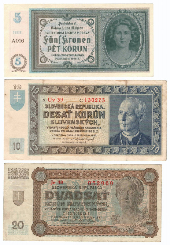 Collection of 3 pcs banknotes Slovakia and Protectorat Zestaw 3 ciekawych bankno...
