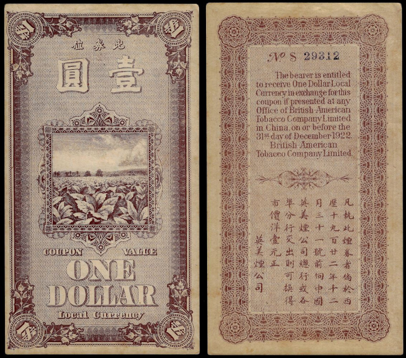 Chinese Paper Money, China, British American Tobacco Company Ltd., 1 Dollar 1922...