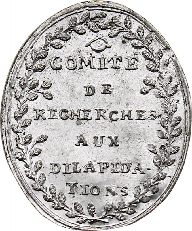 France - Comité de Recherches aux Dilapidations (Tin, 3.39 gr, 29 mm). Extremely...