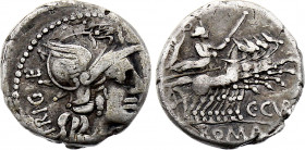 ROMAN REPUBLIC. C. Curiatius Trigeminus, Denarius (142 BC) (Rome mint) (Silver, 4.03 gr, 19 mm) Crawford 223/1. Very Fine.