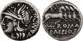 ROMAN REPUBLIC. M. Baebius Tampilus, Denarius (137 BC) (Rome mint) (Silver, 3.73 gr, 17 mm) Crawford 236/1. Very Fine.