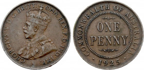 Australia - George V (1910-1936), Penny 1925 (Melbourne mint) (Bronze, 9.33 gr, 31 mm) KM 23. Very Fine.