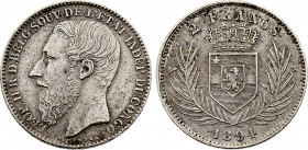 Belgian Congo - Leopold II (1865-1909), 2 Francs 1894 (Silver, 9.89 gr, 27 mm) KM 7. Very Fine.