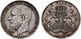 Belgian Congo - Leopold II (1865-1909), 5 Francs 1887 (Silver, 24.92 gr, 37 mm) KM 8.1. Very Fine.