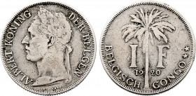Belgian Congo - Albert I (1909-1934), 1 Franc 1920 BELGISCH CONGO (Copper-Nickel, 9.88 gr, 29 mm) KM 21. Very Fine, Traces of old cleaning.