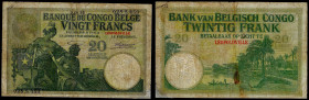 Belgian Congo - Banque du Congo Belge, 20 Francs 03.10.1925, LEOPOLDVILLE. Pick 10a. Fine, Restored.
