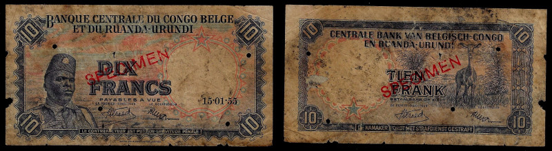 Belgian Congo - Banque Centrale du Congo Belge et du Ruanda-Urundi, Specimen 10 ...