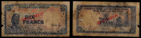 Belgian Congo - Banque Centrale du Congo Belge et du Ruanda-Urundi, Specimen 10 Francs 15.01.1955. Pick 30s. Good, Tears, Pieces missing.