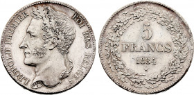 Belgium - Leopold I (1831-1865), 5 Francs 1834 Pos. A (Silver, 25.00 gr, 37 mm) Bogaert 82A, KM 3.1. Uncirculated, Traces of handling.