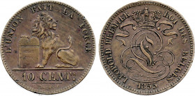 Belgium - Leopold I (1831-1865), 10 Centimes 1855 (Copper, 20.09 gr, 32 mm) Dupriez 563, KM 2. Extremely Fine.