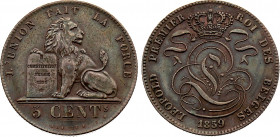 Belgium - Leopold I (1831-1865), 5 Centimes 1859 (Copper, 9.89 gr, 29 mm) Dupriez 690, KM 5. Extremely Fine.