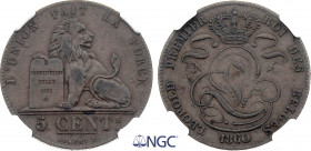 Belgium - Leopold I (1831-1865), 5 Centimes 1860 over 1850 (Copper, 9.84 gr, 28 mm) Dupriez 817, KM 5. NGC AU53