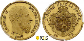 Belgium - Leopold II (1865-1909), Prooflike 10 Francs 1867 (Gold, 3.17 gr, 18 mm) Dupriez 1054, KM A33. PCGS MS64

Extremely rare, last similar exampl...