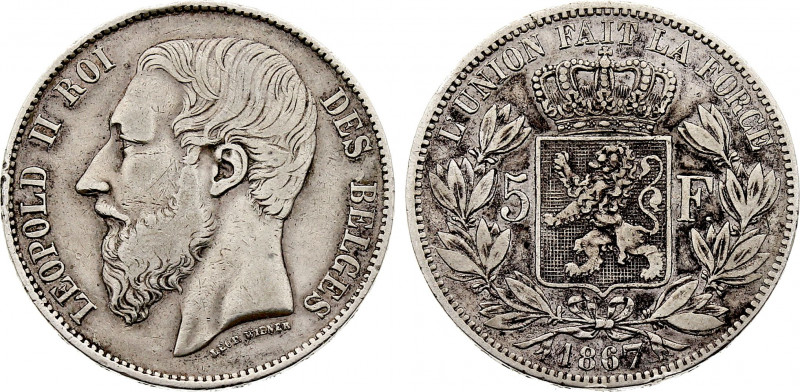 Belgium - Leopold II (1865-1909), 5 Francs 1867, Large head (Silver, 24.78 gr, 3...