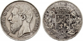 Belgium - Leopold II (1865-1909), 5 Francs 1867, Large head (Silver, 24.78 gr, 37 mm) Bogaert 1074B, KM 25. Very Fine.