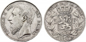 Belgium - Leopold II (1865-1909), 5 Francs 1867, Large head (Silver, 24.87 gr, 37 mm) Bogaert 1074B, KM 25. Very Fine.