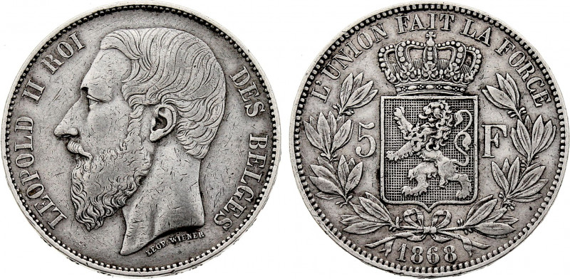 Belgium - Leopold II (1865-1909), 5 Francs 1868, Large head (Silver, 24.84 gr, 3...