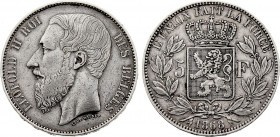 Belgium - Leopold II (1865-1909), 5 Francs 1868, Large head (Silver, 24.84 gr, 37 mm) Dupriez 1092, KM 25. Very Fine, Traces of old cleaning.