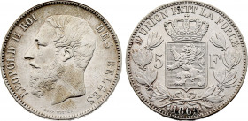 Belgium - Leopold II (1865-1909), 5 Francs 1865 (Silver, 24.96 gr, 37 mm) Dupriez 968, KM 24. Very Fine, Cleaned.