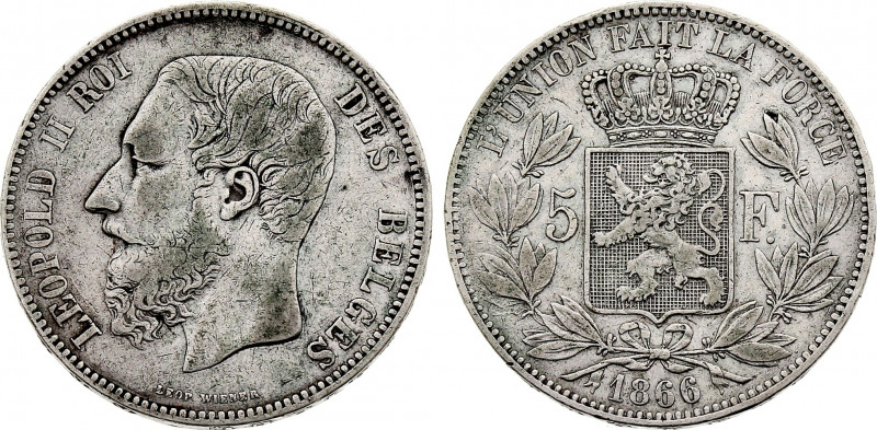 Belgium - Leopold II (1865-1909), 5 Francs 1866 (Silver, 24.77 gr, 37 mm) Bogaer...