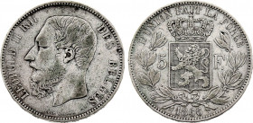 Belgium - Leopold II (1865-1909), 5 Francs 1866 (Silver, 24.77 gr, 37 mm) Bogaert 1005B, KM 25. Fine.