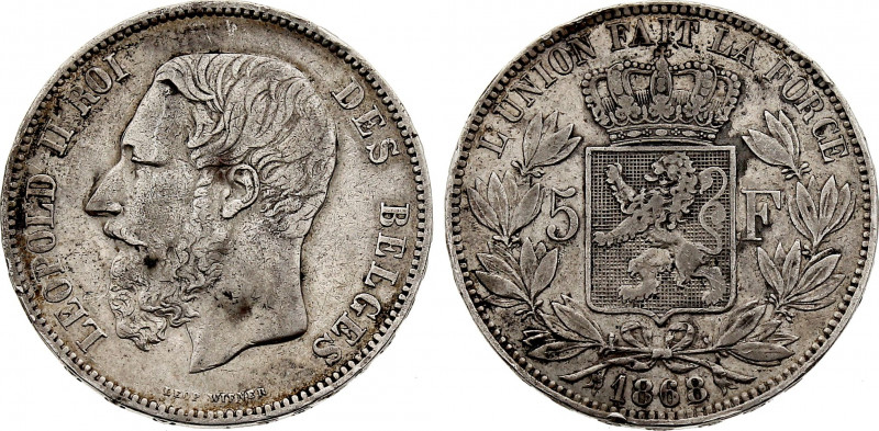 Belgium - Leopold II (1865-1909), 5 Francs 1868 over 1867 (Silver, 24.85 gr, 37 ...