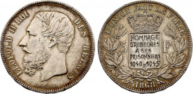 Belgium - Leopold II (1865-1909), World War II 5 Francs "1940-1945" (1868) (Silver, 24.81 gr, 37 mm) Bogaert, 1093A, KM 24. Very Fine.