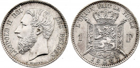Belgium - Leopold II (1865-1909), 1 Franc 1867 (Silver, 5.03 gr, 23 mm) Dupriez 1083, KM 28. Uncirculated.
