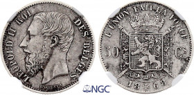 Belgium - Leopold II (1865-1909), 50 Centimes 1868 (Silver, 2.48 gr, 18 mm) Dupriez 1099, KM 26. NGC AU53