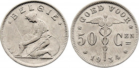 Belgium - Albert I (1909-1934), 50 Centimes 1934 (Copper-Nickel, 2.54 gr, 18 mm) Bogaert 2520C, KM 88. Extremely Fine.