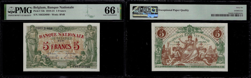 Belgium - Banque Nationale de Belgique, 5 Francs 03.01.1921. Pick 75b. PMG 66 EP...