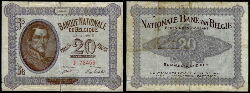 Belgium - Banque Nationale de Belgique, 20 Francs 27.08.1914. Pick 83. Fine, Res...
