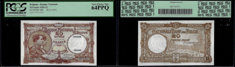 Belgium - Banque Nationale de Belgique, 20 Francs 28.12.1931. Pick 98b. PCGS Cur...