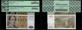 Belgium - Banque Nationale de Belgique, Pair of 100 Francs 14.10.1952 and 25.04.1956. Pick 129a and 129b. PCGS Currency 66 PPQ and 67 PPQ