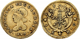 Colombia - Gran Colombia (1819-1831), 1 Escudo 1829 (Popayan mint) (Gold, 3.39 gr, 19 mm) KM 81. Fine, Cleaned.