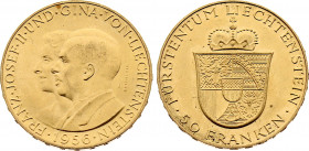 Liechtenstein - Franz Josef II (1938-1989), 50 Franken 1956 (Gold, 11.32 gr, 25 mm) KM Y 16. About Uncirculated.