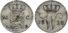 Netherlands - William I (1815-1840), 25 Cents 1828 B (Brussels mint) (Silver, 4.17 gr, 21 mm) KM 48. Very Fine.