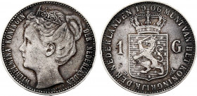 Netherlands - Wilhelmina I (1890-1948), Gulden 1906 (Silver, 9.93 gr, 28 mm) KM 122. Very Fine, Traces of old cleaning.