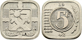 Netherlands - Wilhelmina I (1890-1948), Nickel essai 5 Cents 1942 (Nickel, 5.12 gr, 20 mm) KM - (cf. Schulman 1035). Extremely Fine.