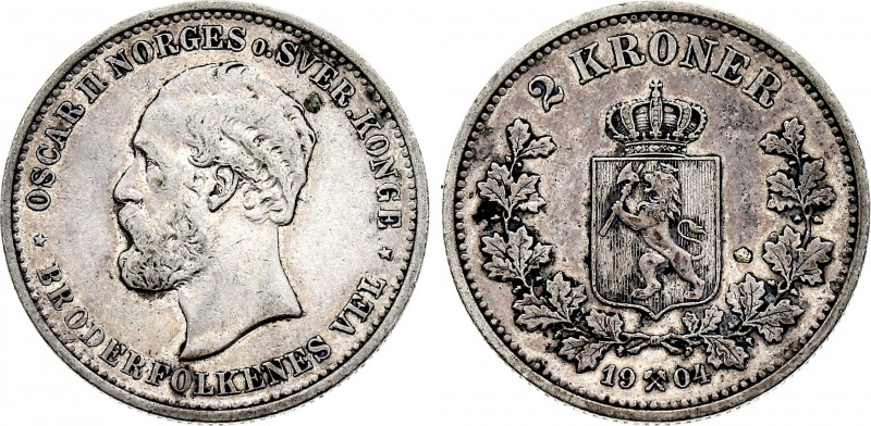 Norway - Oscar II (1872-1905), 2 Kroner 1904 (Silver, 14.97 gr, 31 mm) KM 761. V...