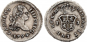 Peru - Charles IV (1788-1808), 1/4 Real 1794 IJ (Silver, 0.86 gr, 14 mm) KM 99. Extremely Fine.