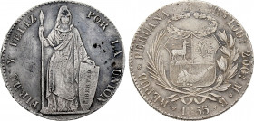 Peru - Republic, 8 Reales 1855 (Lima mint) (Silver, 23.96 gr, 38 mm) KM 142.10a. Very Fine, Traces of old cleaning.