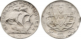 Portugal - Second Republic (1926-1974), 2 1/2 Escudos 1937 (Silver, 3.46 gr, 20.5 mm) KM 580. Extremely Fine.