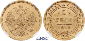 Russia - Alexander II (1855-1881), 5 Roubles 1863 (Saint Petersburg mint) (Gold, 6.54 gr, 23 mm) KM Y B26. NGC MS65