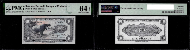 Rwanda-Burundi - 10 Francs 15.09.1960. Pick 2. PMG 64 EPQ