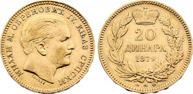 Serbia - Milan Obrenovic IV (1868-1882), 20 Dinara 1879 (Paris mint) (Gold, 6.45 gr, 21 mm) KM 14. Very Fine.