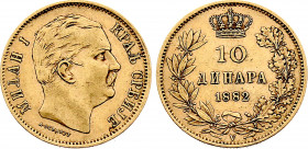 Serbia - Milan I (1882-1889), 10 Dinara 1882 V (Vienna mint) (Gold, 3.21 gr, 19 mm) KM 16. Very Fine.